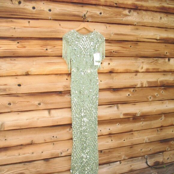 MAC DUGGAL 4908 Green High Neck Sleeveless Beaded Fringe Fitted Gown Dress - Picture 6 of 13